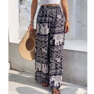 Boho Floral Elephant Print Wide leg Pants